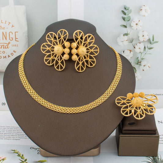 Luxury Handmade Big Earrings Ring Set  Plated Dubai Chain Wedding Jewelry Bridal Accessory Arab Turkis Earrings Women