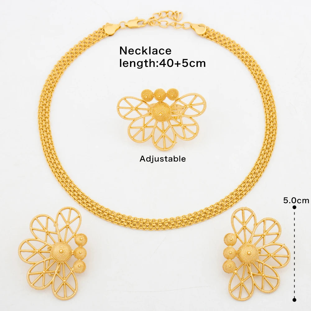 Luxury Handmade Big Earrings Ring Set  Plated Dubai Chain Wedding Jewelry Bridal Accessory Arab Turkis Earrings Women