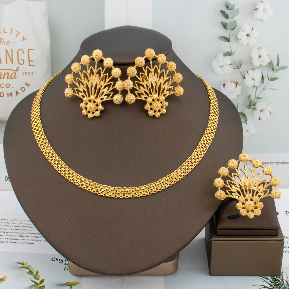 Luxury Handmade Big Earrings Ring Set  Plated Dubai Chain Wedding Jewelry Bridal Accessory Arab Turkis Earrings Women