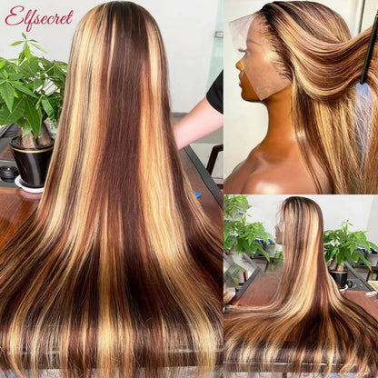 34Inch Bone Straight Highlight Lace Front Human Hair Ombre