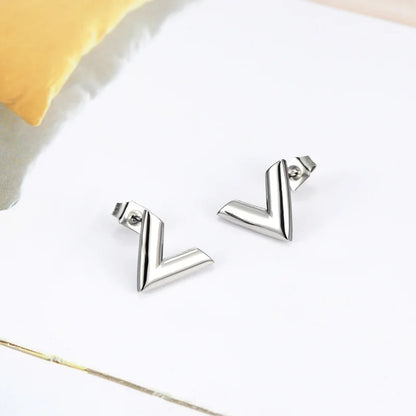 Luxury Brand Jewelry Simple Design V Letter Earrings For Women Stainless Steel Gold-Color Elegant Party Stud Earrings KE002-1