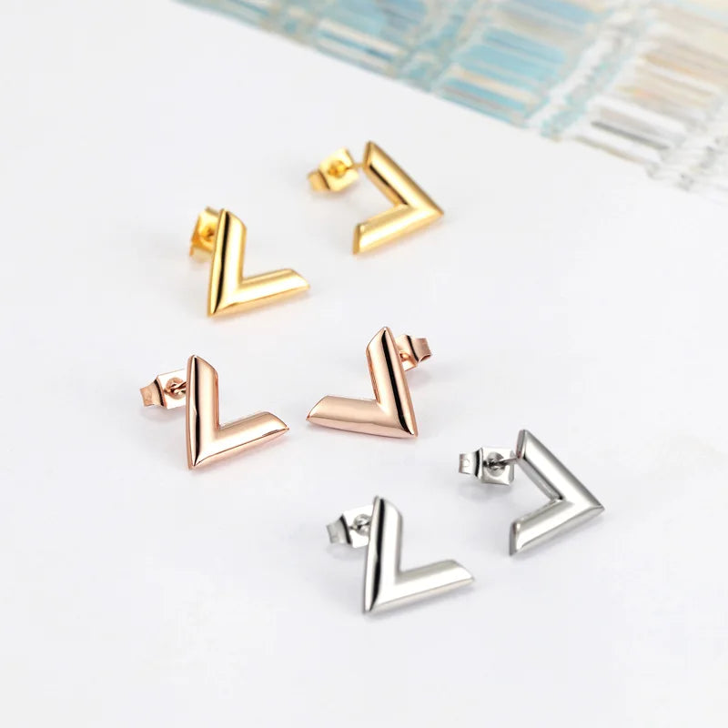 Luxury Brand Jewelry Simple Design V Letter Earrings For Women Stainless Steel Gold-Color Elegant Party Stud Earrings KE002-1