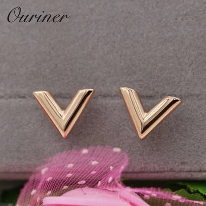Luxury Brand Jewelry Simple Design V Letter Earrings For Women Stainless Steel Gold-Color Elegant Party Stud Earrings KE002-1