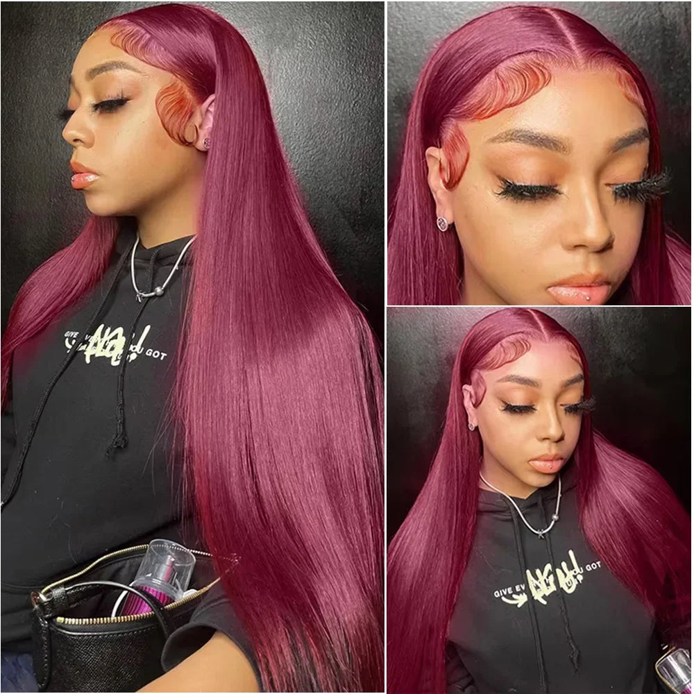 99J Burgundy  Straight Lace Front Human Hair Wigs 13x4 13x6 HD