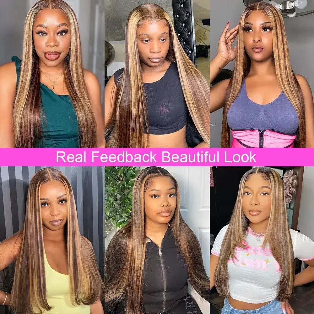 30 40 Inch Highlight Ombre Bone Straight Human Hair Wig Colored