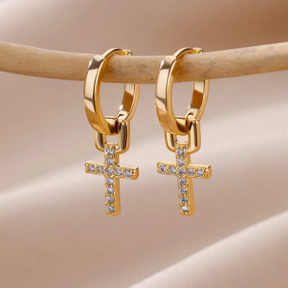 Zircon Cross Dangle Earrings For Women Girls Stainless Steel