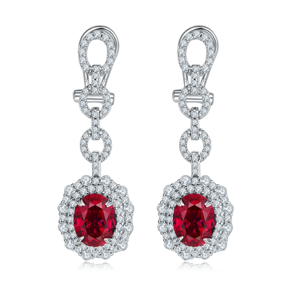 Luxury Long Earrings S925 Sterling Silver Oval Ear Racket with Artificial Ruby And Sapphire for Banquet Wedding Fashion Jewelry