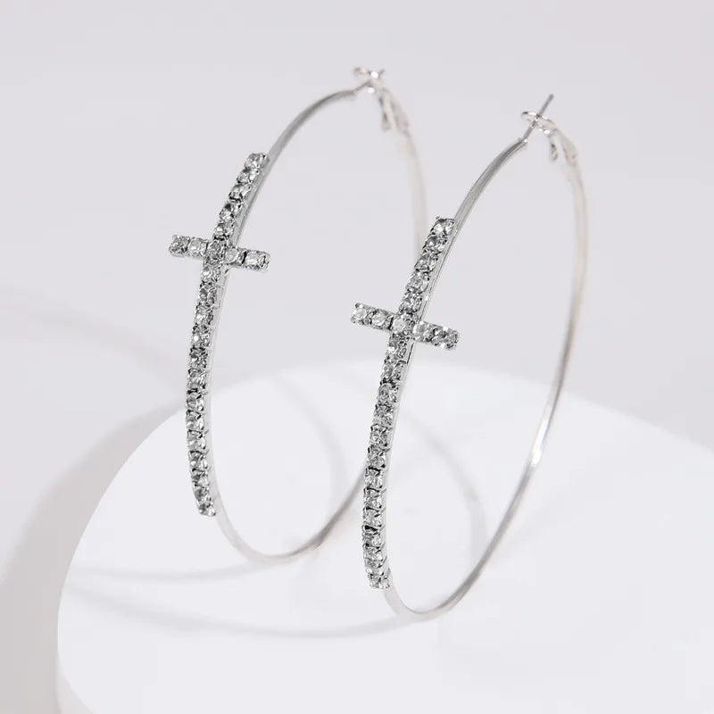 Shiny Big Circel Cross Hoop Earrings for Women Exquisite