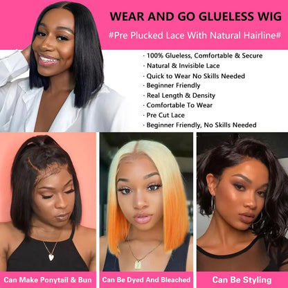 Wear And Go Glueless Wigs Human Hair Bob Straight Pre