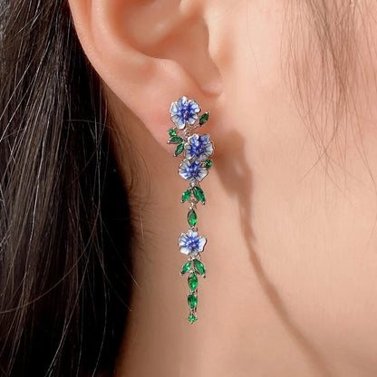Luxury Romantic Enamel Flower Earrings Women Elegant Delicate Blue Trumpet Flower Long Aesthetic Earrings Wedding Party Gift New