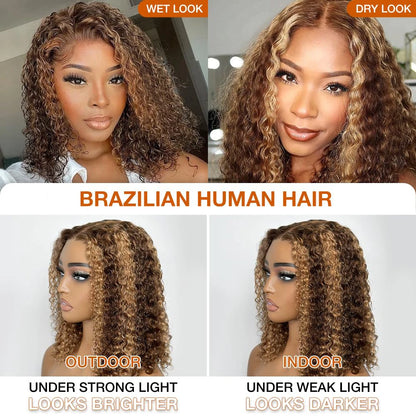 Deep Wave Honey Blonde Glueless Bob Wigs Human Hair