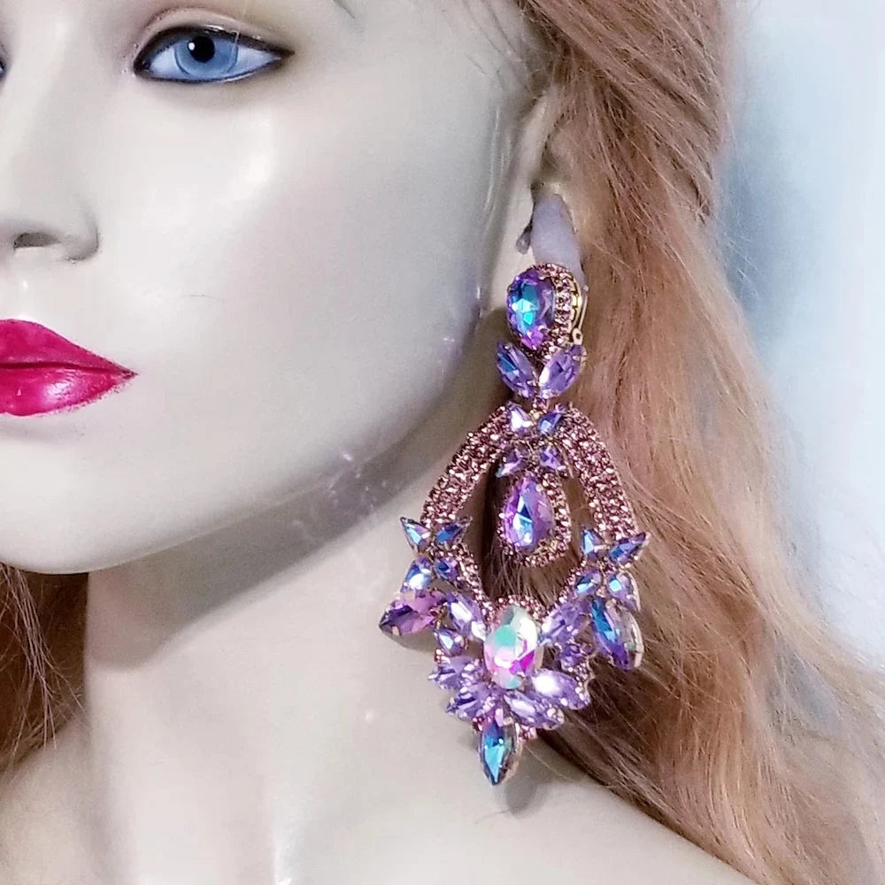 Luxury Purple Exaggerate Dangle Earrings Oversized Accessories Elegant Lady Water Drop Large Rhinestone Earrings Party Jewelry