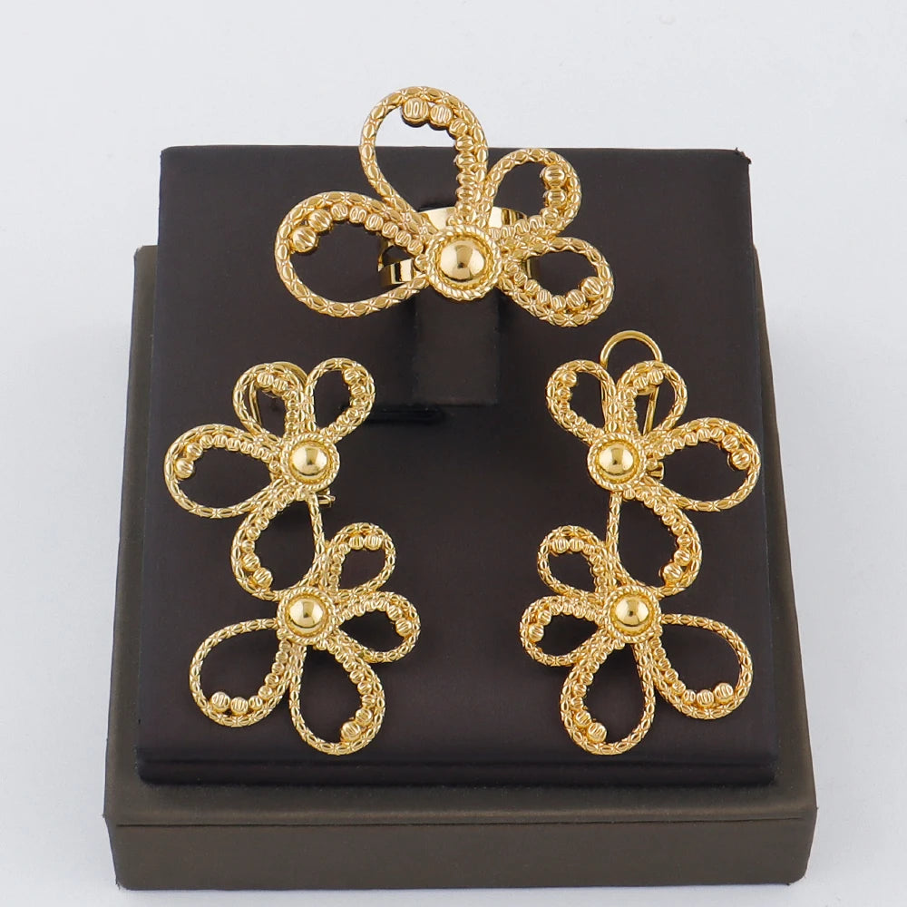 Luxury Handmade Big Earrings Ring Set  Plated Dubai Chain Wedding Jewelry Bridal Accessory Arab Turkis Earrings Women