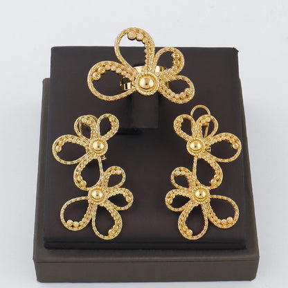 Luxury Handmade Big Earrings Ring Set  Plated Dubai Chain Wedding Jewelry Bridal Accessory Arab Turkis Earrings Women