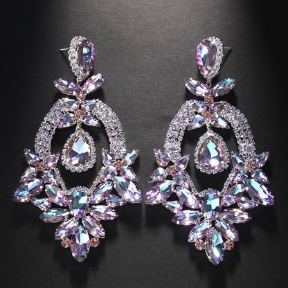 Luxury Purple Exaggerate Dangle Earrings Oversized Accessories Elegant Lady Water Drop Large Rhinestone Earrings Party Jewelry
