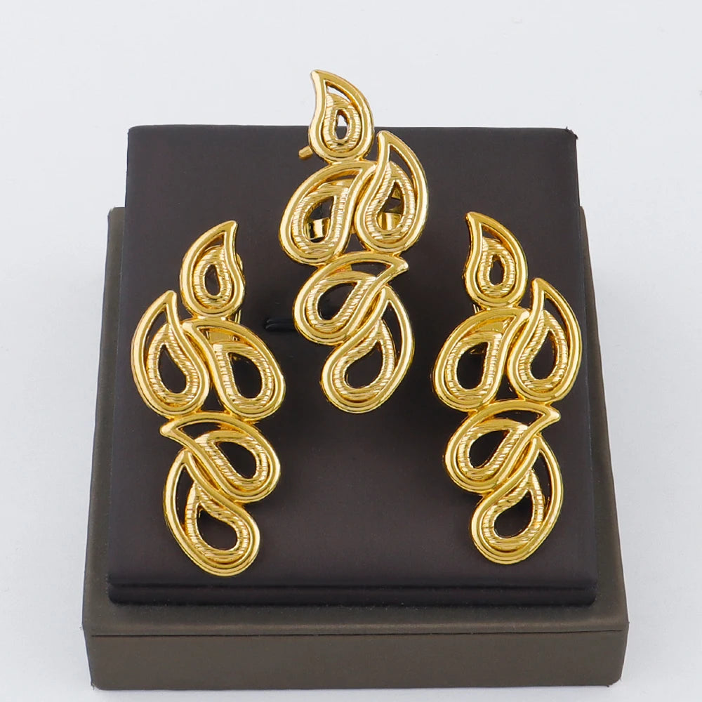 Luxury Handmade Big Earrings Ring Set  Plated Dubai Chain Wedding Jewelry Bridal Accessory Arab Turkis Earrings Women