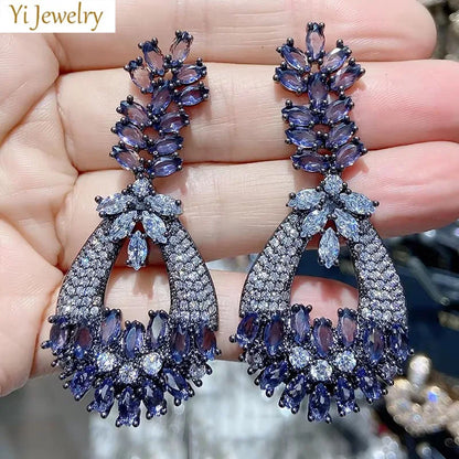 Luxury Evening Party Earrings for Women 2023 Trendy Shiny Flower Plant Dangle Earrings Purple Golden Jewelry Gift Wife