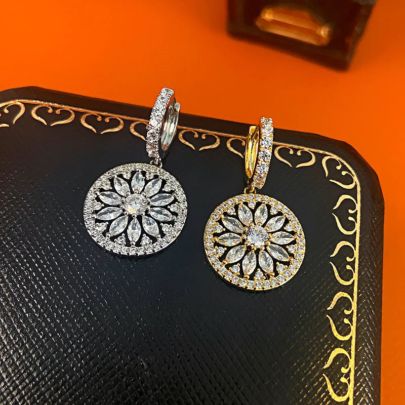 Luxury Round Pendant Flower Hoop Earrings For Women Gold Silver Color Zircon Ear Buckle Bridal Wedding Party Versatile Jewelry