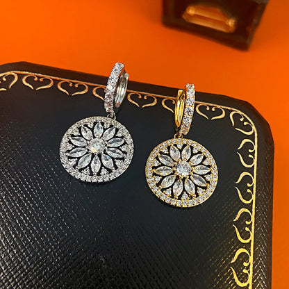 Luxury Round Pendant Flower Hoop Earrings For Women Gold Silver Color Zircon Ear Buckle Bridal Wedding Party Versatile Jewelry