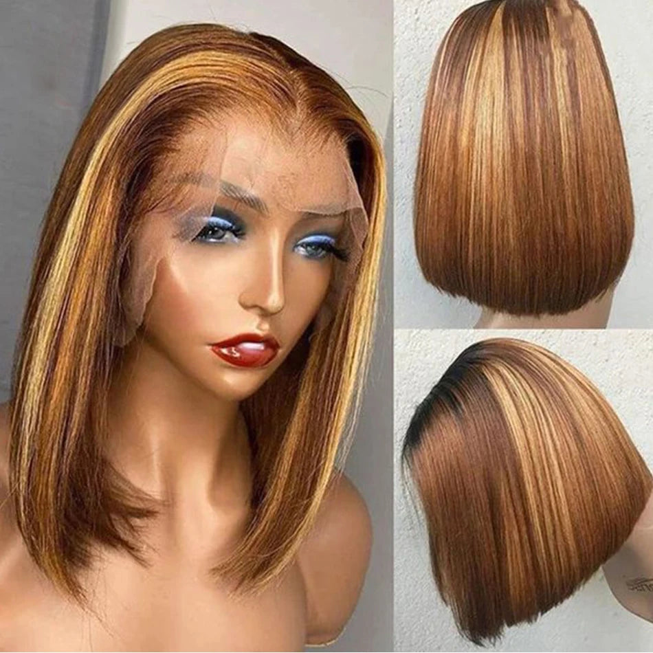 Short Bob Wig Highlight Color Human Hair Straight 13x4 Lace