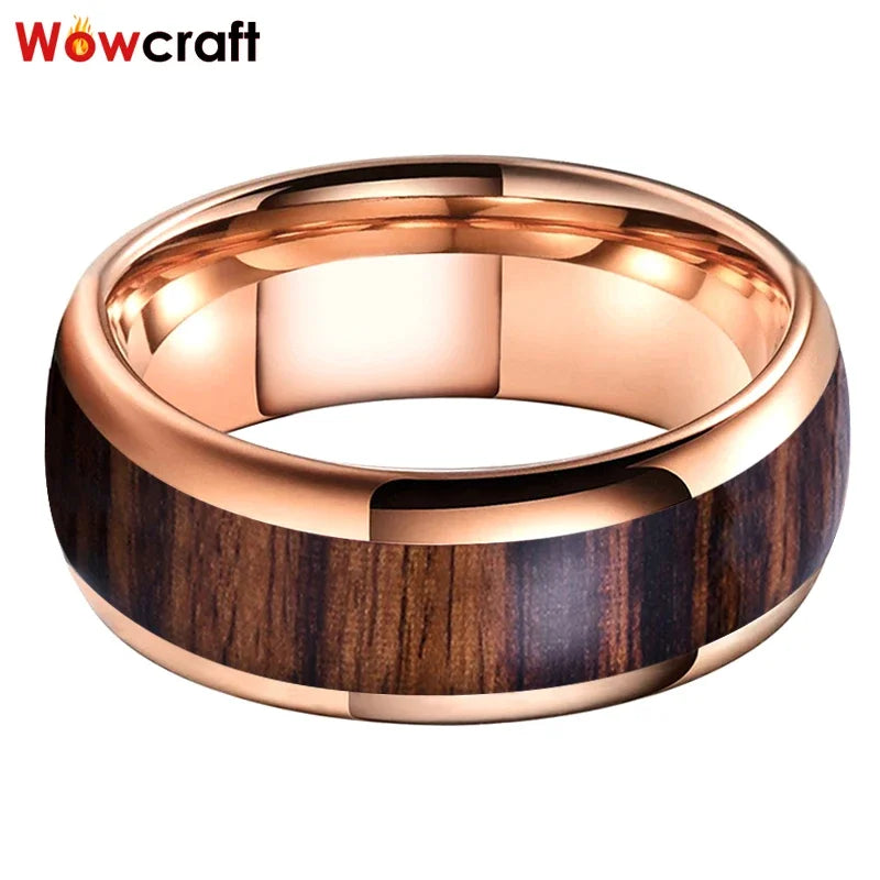 Rose Gold Bands Tungsten Carbide Ring Nature Dark Red Wood Inlay Comfort Fit New Design Wedding Rings