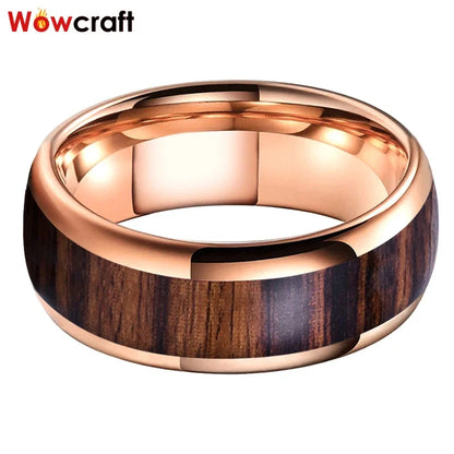 Rose Gold Bands Tungsten Carbide Ring Nature Dark Red Wood Inlay Comfort Fit New Design Wedding Rings