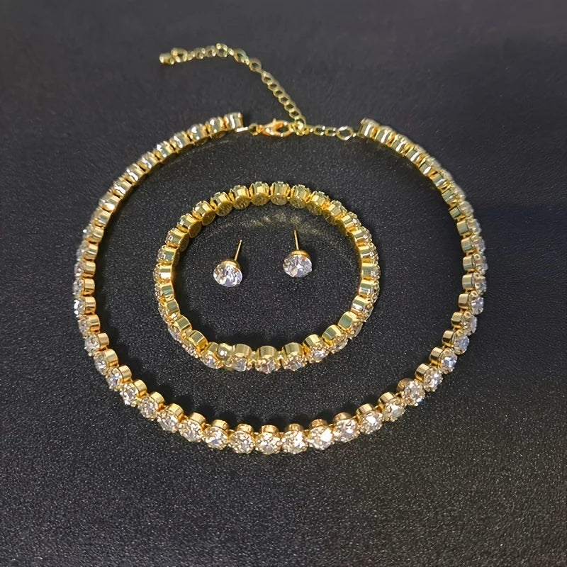 Light luxury and minimalist rhinestone necklace, earrings, and bracelet