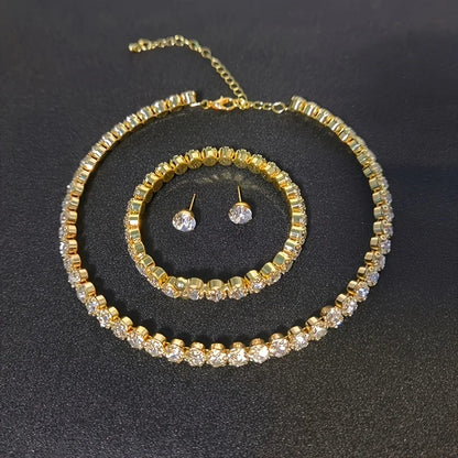 Light luxury and minimalist rhinestone necklace, earrings, and bracelet