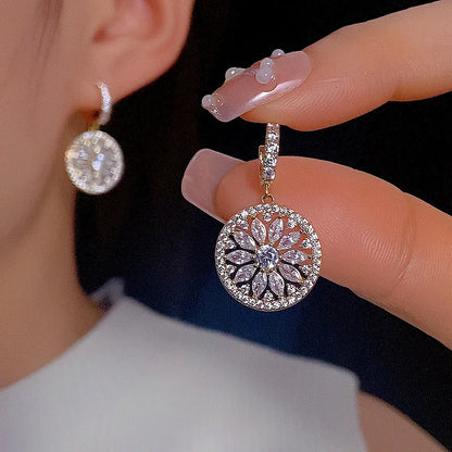 Luxury Round Pendant Flower Hoop Earrings For Women Gold Silver Color Zircon Ear Buckle Bridal Wedding Party Versatile Jewelry