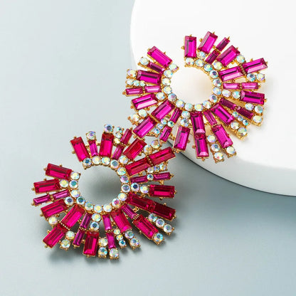 Luxury Exaggerated Crystal Earrings for Women Large Circle Flower Shiny Rhinestone Stud Earring Trendy Fashion Jewelry