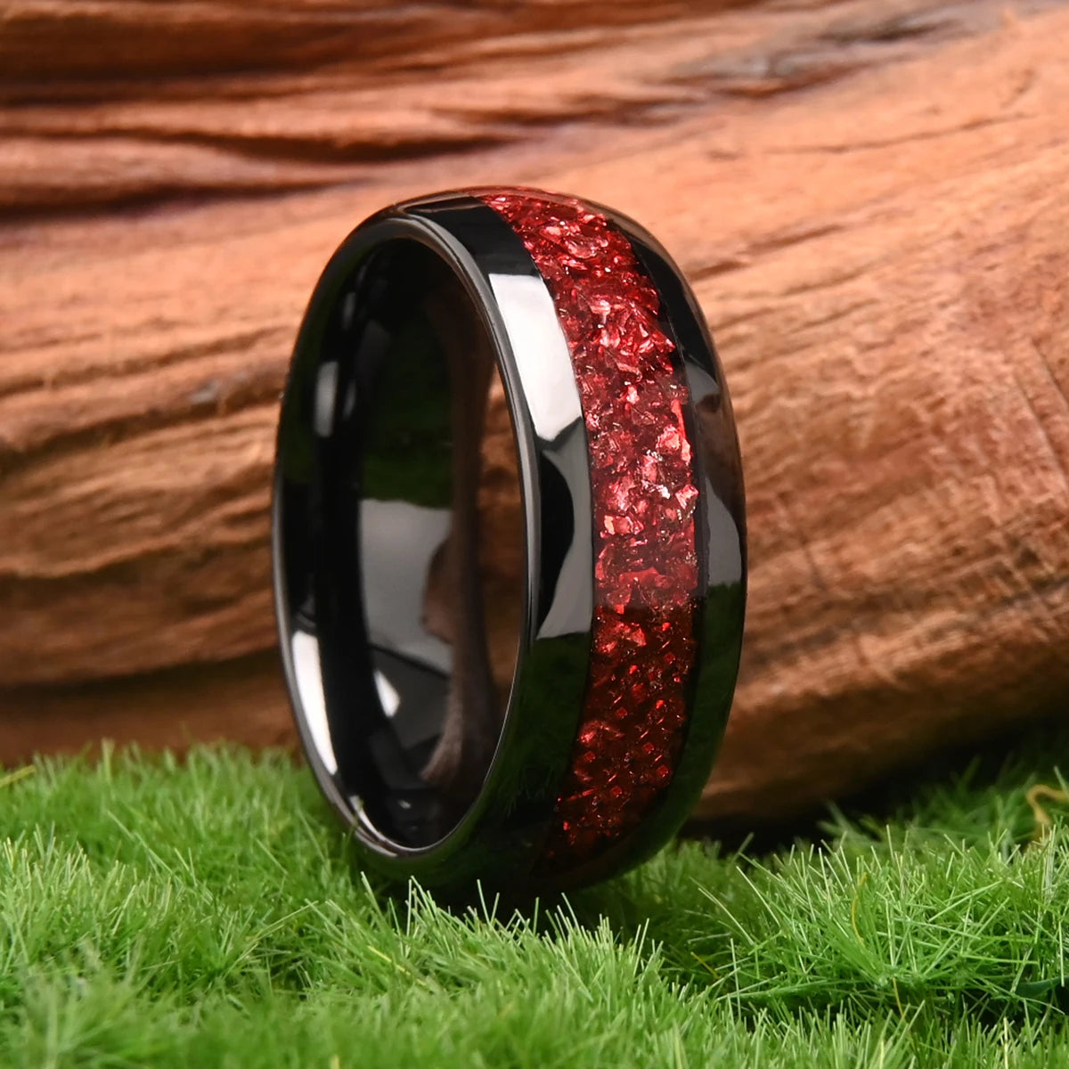 8mm black red crystal tungsten ring, couple wedding ring, exquisite gift for him, comfortable and fit