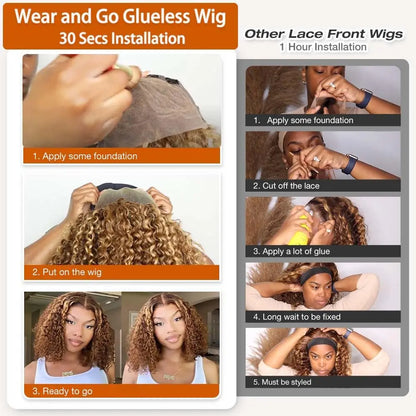Deep Wave Honey Blonde Glueless Bob Wigs Human Hair