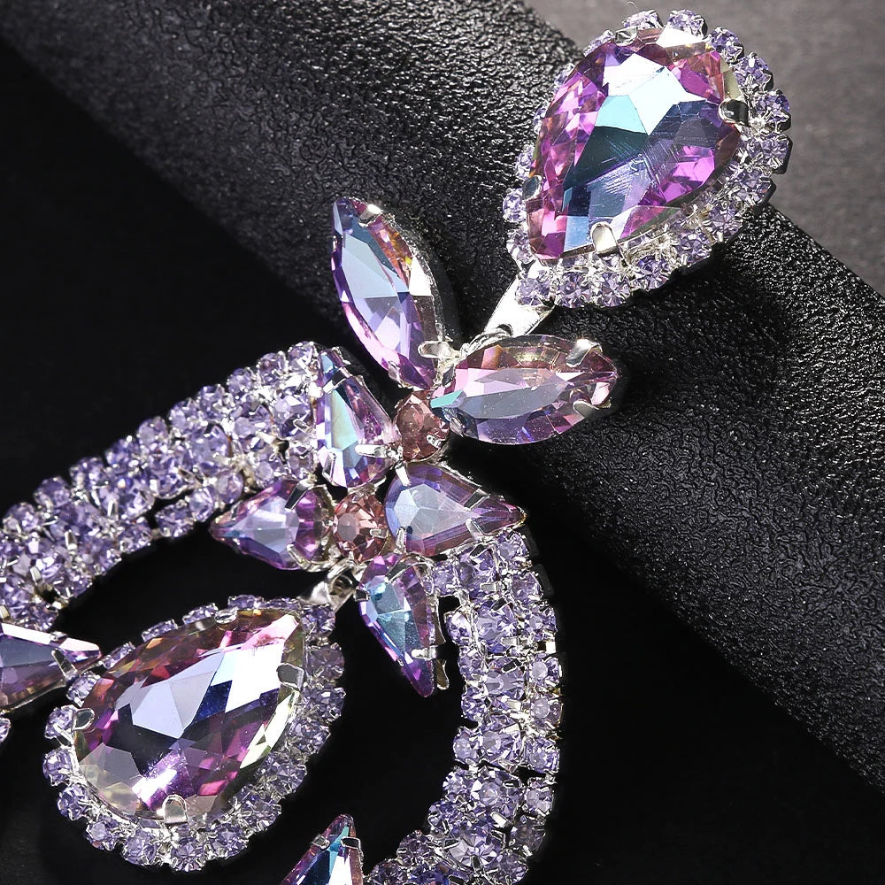 Luxury Purple Exaggerate Dangle Earrings Oversized Accessories Elegant Lady Water Drop Large Rhinestone Earrings Party Jewelry