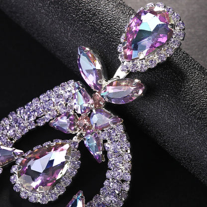 Luxury Purple Exaggerate Dangle Earrings Oversized Accessories Elegant Lady Water Drop Large Rhinestone Earrings Party Jewelry