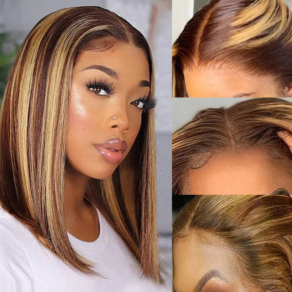 Short Bob Wig Highlight Color Human Hair Straight 13x4 Lace