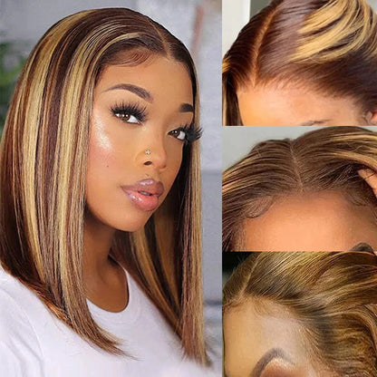 Short Bob Wig Highlight Color Human Hair Straight 13x4 Lace