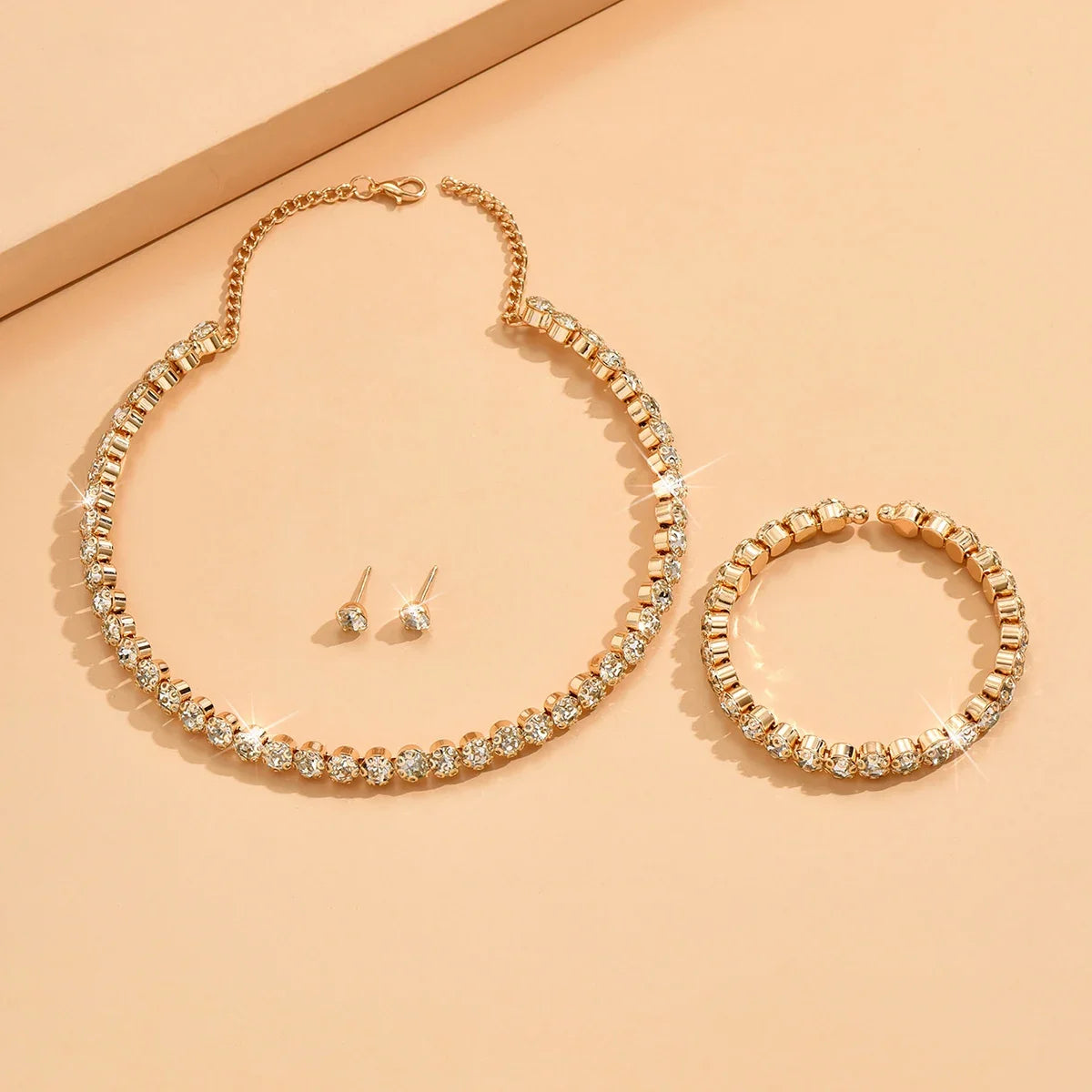Light luxury and minimalist rhinestone necklace, earrings, and bracelet