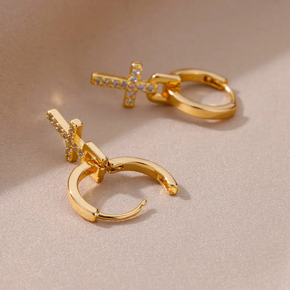 Zircon Cross Dangle Earrings For Women Girls Stainless Steel