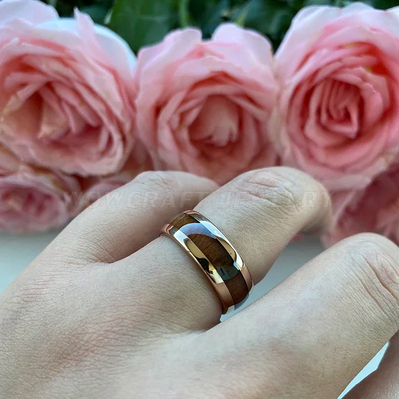 Rose Gold Bands Tungsten Carbide Ring Nature Dark Red Wood Inlay Comfort Fit New Design Wedding Rings