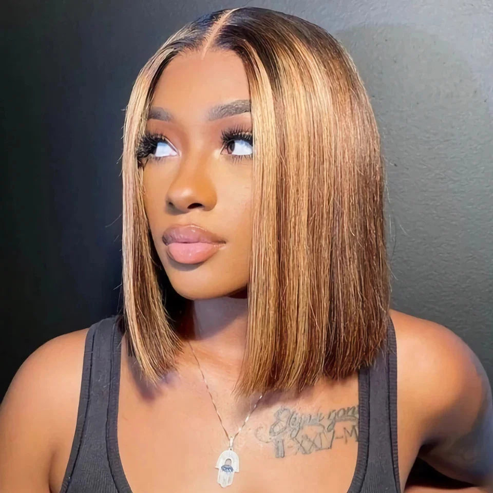 Short Bob Wig Highlight Color Human Hair Straight 13x4 Lace