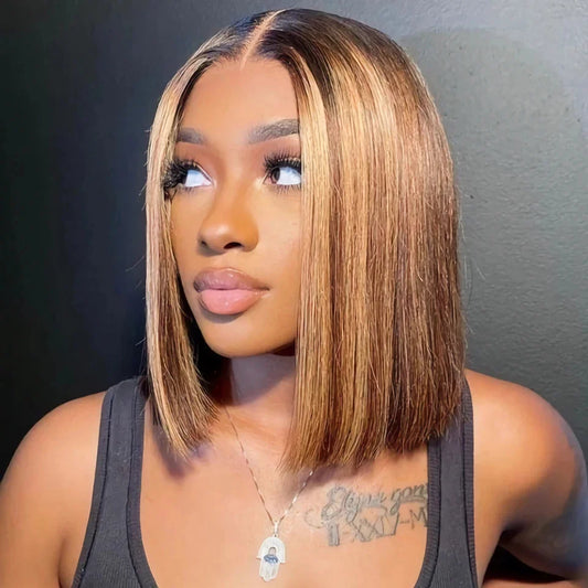 Short Bob Wig Highlight Color Human Hair Straight 13x4 Lace