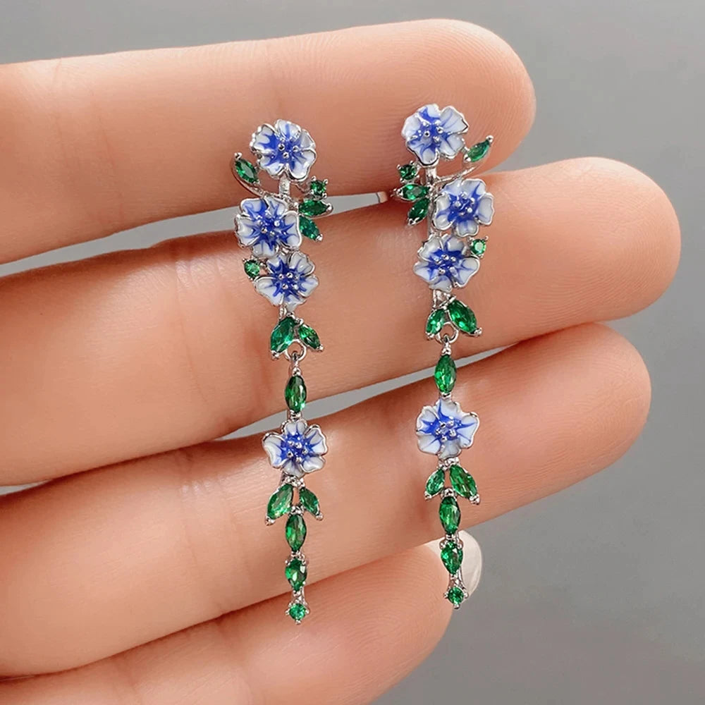 Luxury Romantic Enamel Flower Earrings Women Elegant Delicate Blue Trumpet Flower Long Aesthetic Earrings Wedding Party Gift New