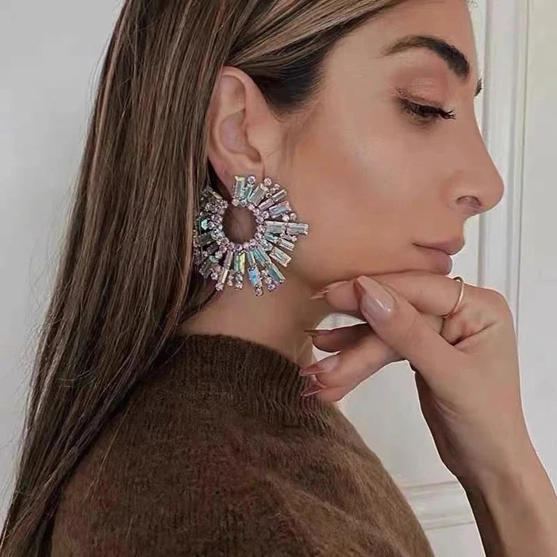 Luxury Exaggerated Crystal Earrings for Women Large Circle Flower Shiny Rhinestone Stud Earring Trendy Fashion Jewelry