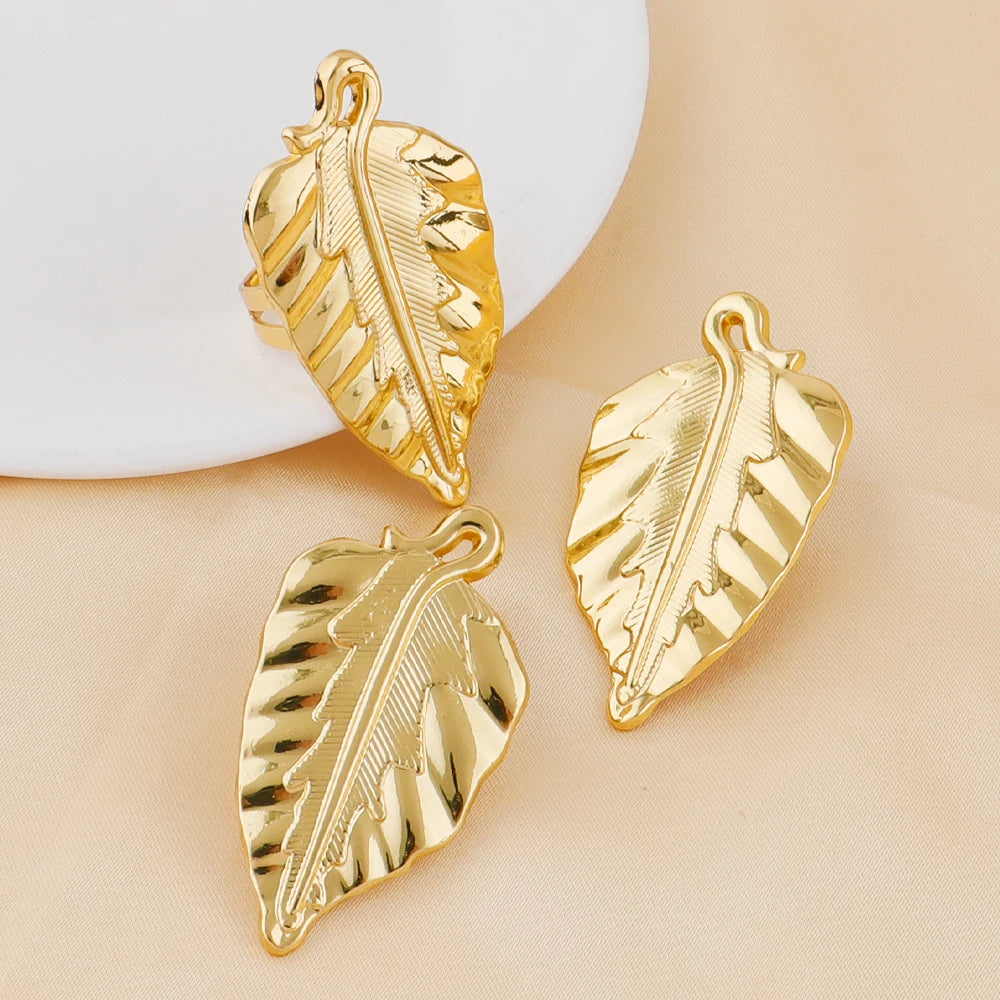 Luxury Handmade Big Earrings Ring Set  Plated Dubai Chain Wedding Jewelry Bridal Accessory Arab Turkis Earrings Women