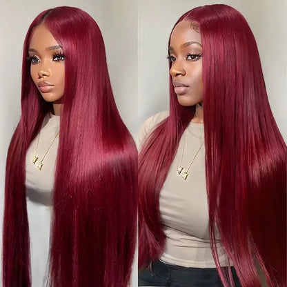 99J Burgundy  Straight Lace Front Human Hair Wigs 13x4 13x6 HD