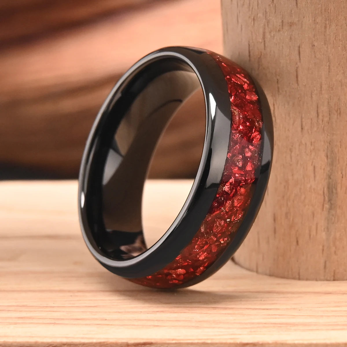 8mm black red crystal tungsten ring, couple wedding ring, exquisite gift for him, comfortable and fit