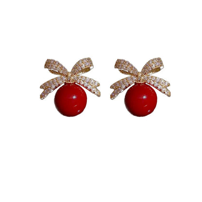Sparkling Rhinestone Bow Pearl Stud Earrings Light Luxury