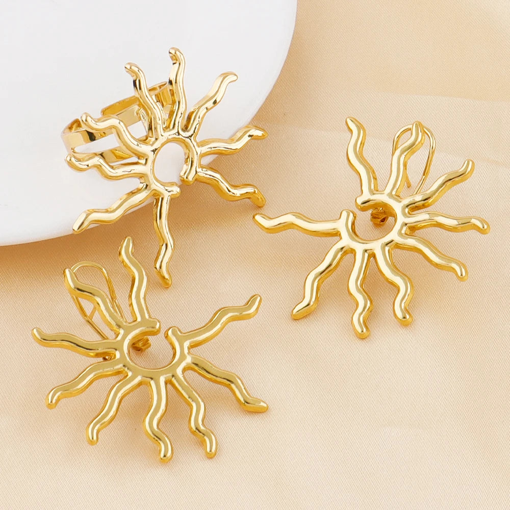 Luxury Handmade Big Earrings Ring Set  Plated Dubai Chain Wedding Jewelry Bridal Accessory Arab Turkis Earrings Women