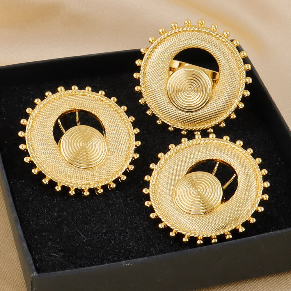 Luxury Handmade Big Earrings Ring Set  Plated Dubai Chain Wedding Jewelry Bridal Accessory Arab Turkis Earrings Women