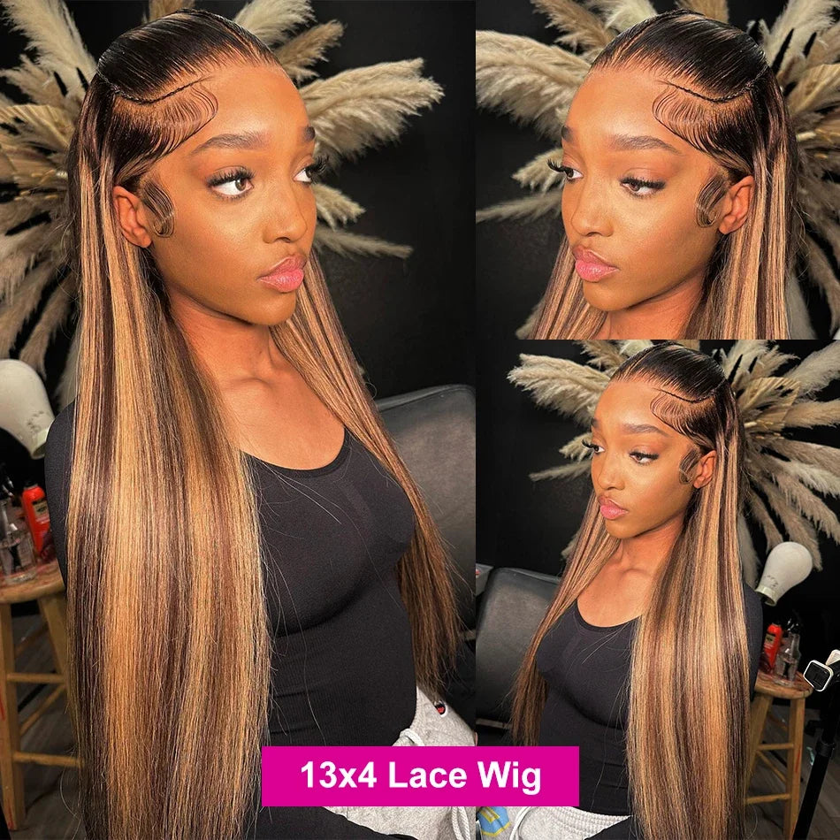 34Inch Bone Straight Highlight Lace Front Human Hair Ombre
